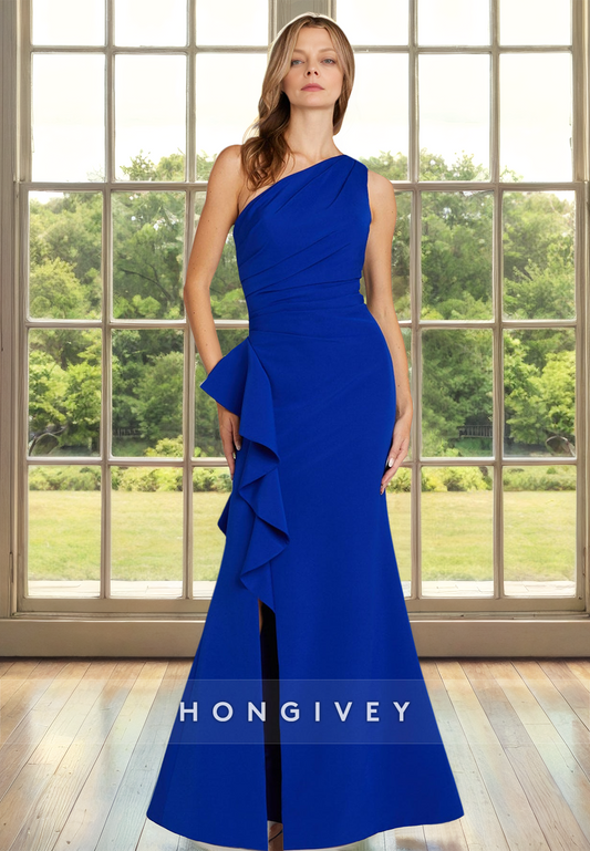 Chic Royal Blue Ruched One Shoulder Trumpet Formal Wedding Guest Dress 2025