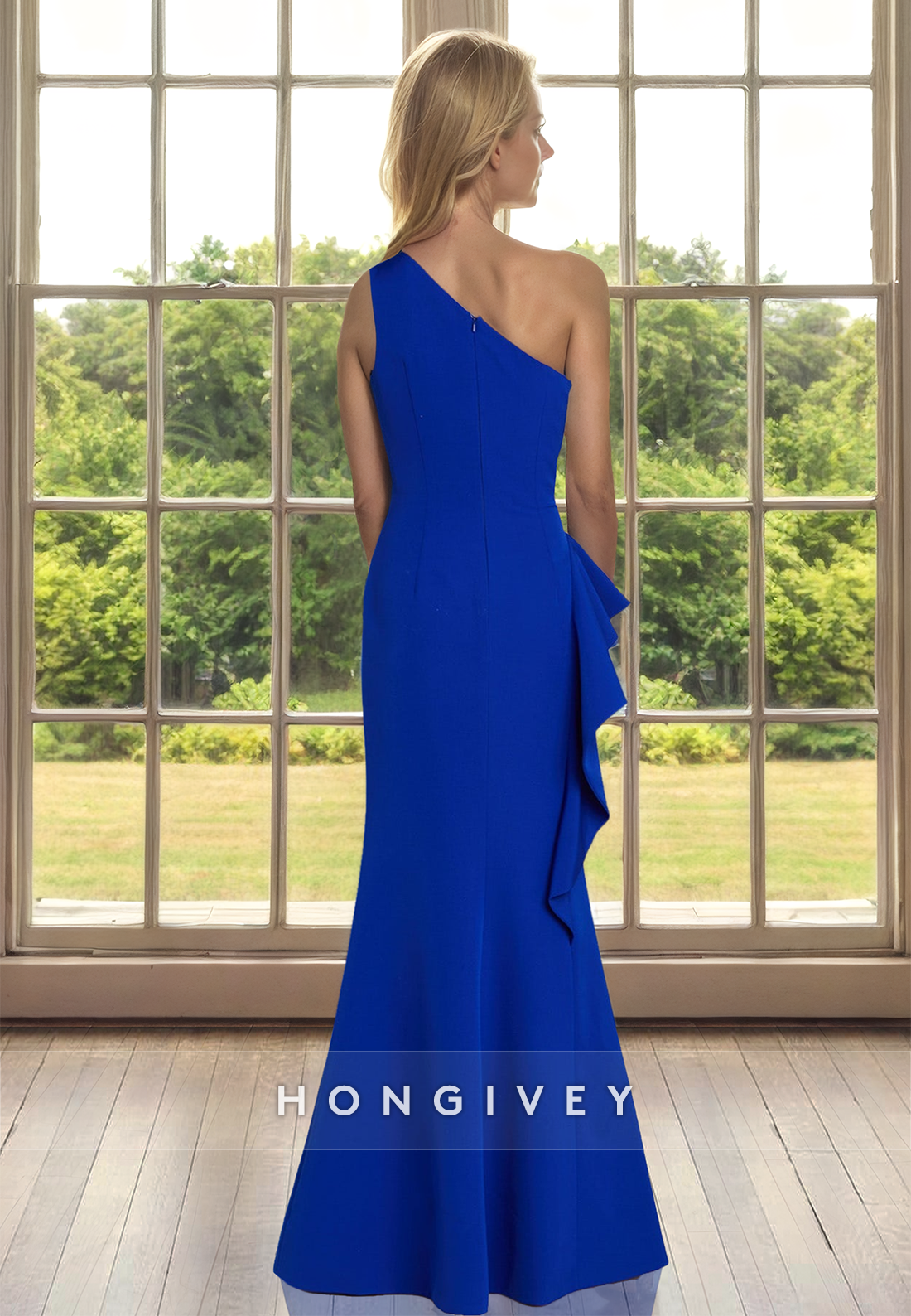 Chic Royal Blue Ruched One Shoulder Trumpet Formal Wedding Guest Dress 2025