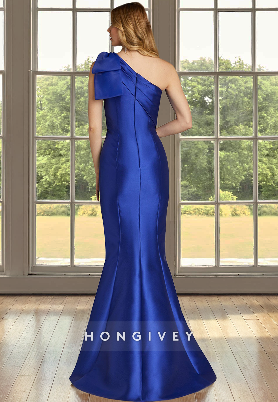 One Shoulder Fitted Trumpet Blue Satin Mother of the Bride Wedding Guest Dress