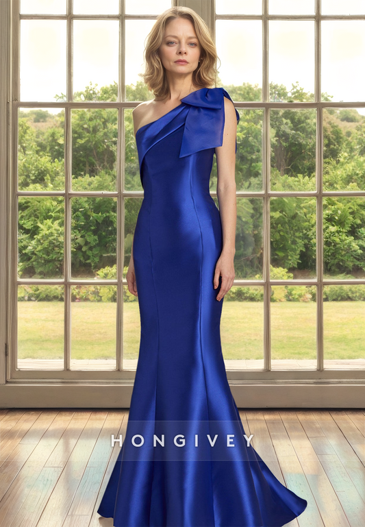 One Shoulder Fitted Trumpet Blue Satin Mother of the Bride Wedding Guest Dress