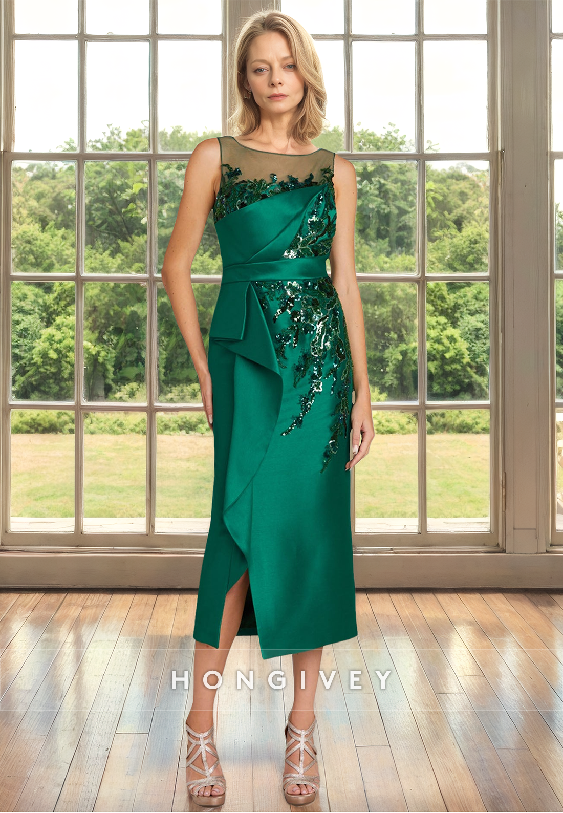 Chic Bateau Applique Sheath Dark Green Midi Dresses Wedding Guest Gown HONGIVEY