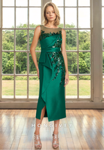 Chic Bateau Applique Sheath Dark Green Midi Dresses Wedding Guest Gown HONGIVEY