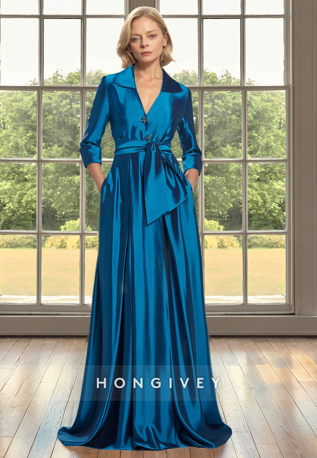 Half Sleeves Floor-Length A-Line Satin with Slit Mother of the Bride Wedding Guest Dress