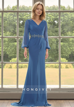 Chiffon V-Neck Sheath with Belt Long Mother of the Bride Wedding Guest Dress