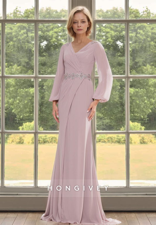 Chiffon V-Neck Sheath with Belt Long Mother of the Bride Wedding Guest Dress