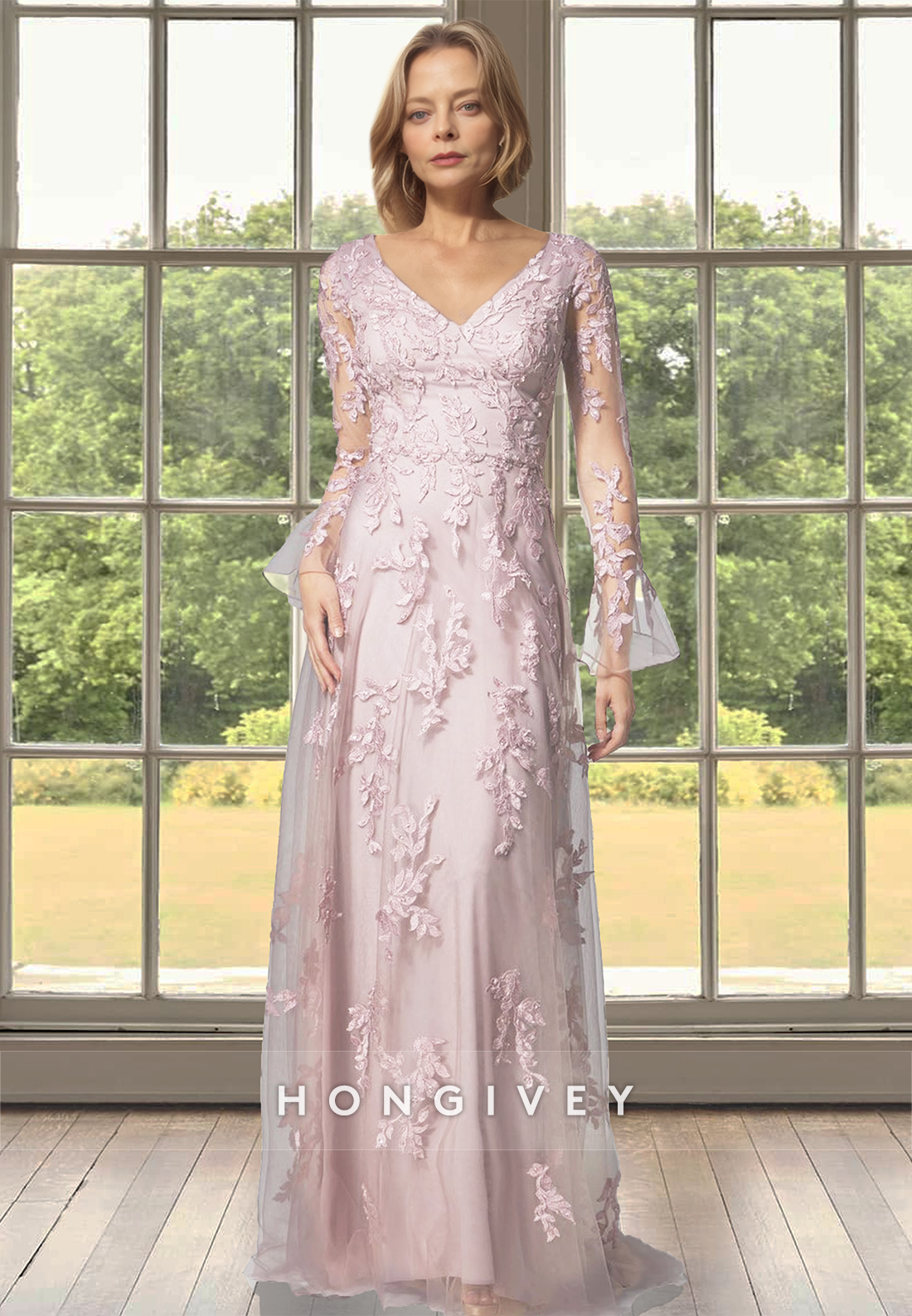 Chic Rose Applique Sheath Long Sleeves Floor-Length Wedding Guest Dress 2025