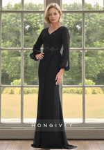 Chiffon V-Neck Sheath with Belt Long Mother of the Bride Wedding Guest Dress