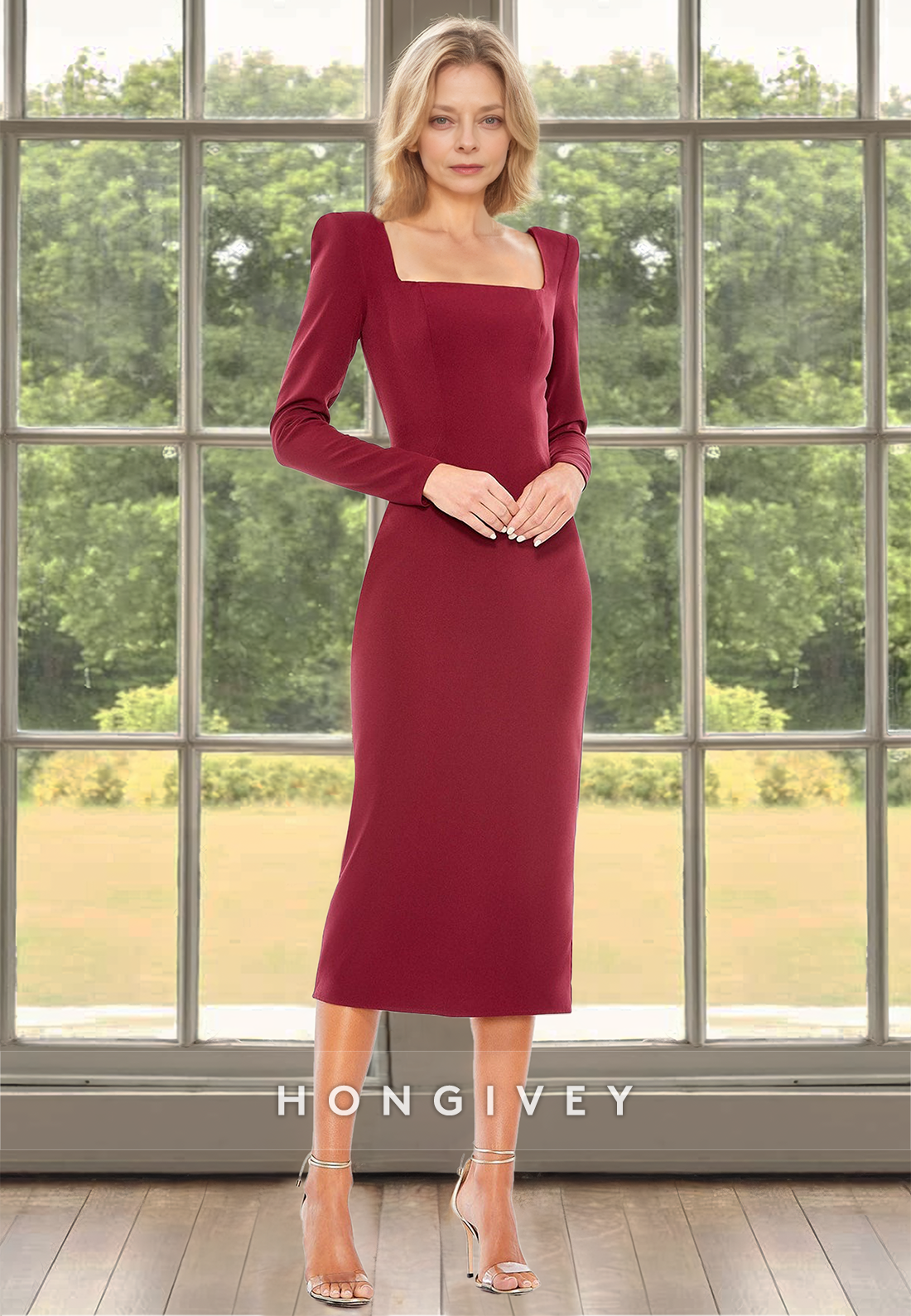 Chic Square  Long Sleeves Sheath Wedding Guest Dress Midi Dresses HONGIVEY