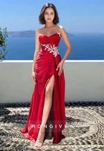 Sexy Red Applique Empire Waist Strapless with Side Slit Formal Evening Dress