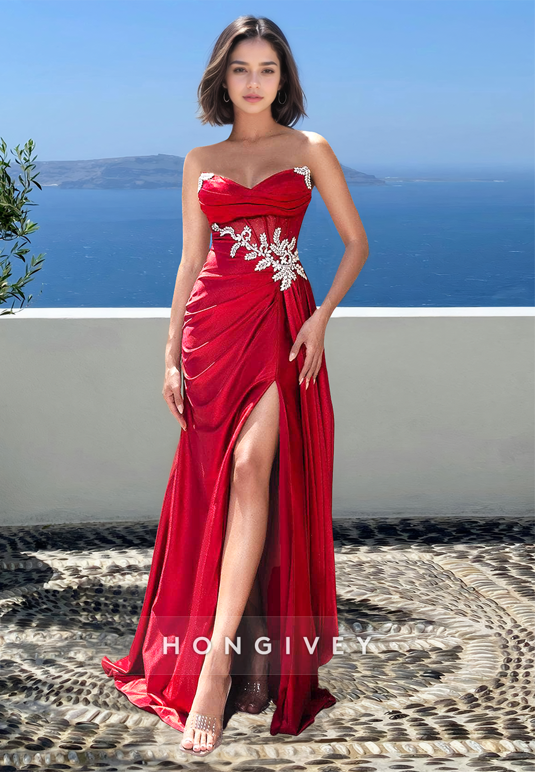 red dress empire waist Sexy Applique Strapless with Side Slit Formal Evening Color:Petite Navy Blue modest holiday dresses - Wearing a size small. hamptons