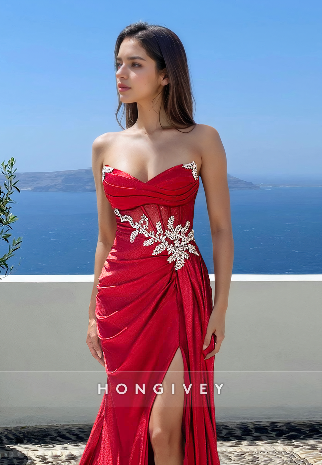 Sexy Red Applique Empire Waist Strapless with Side Slit Formal Evening Dress