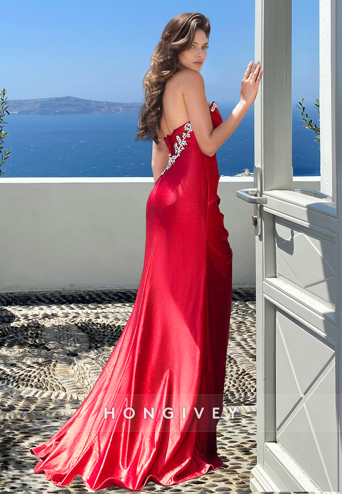 Sexy Red Applique Empire Waist Strapless with Side Slit Formal Evening Dress