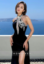 Sexy Halter Fitted Black Beaded Applique with Side Slit Formal Evening Dress