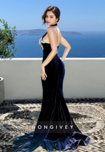 Sexy Halter Fitted Black Beaded Applique with Side Slit Formal Evening Dress