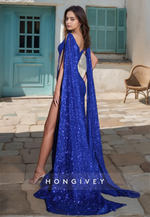 Sexy Sequined Mermaid with cape V-Neck Side Slit Glitter Blue Formal Evening Dress