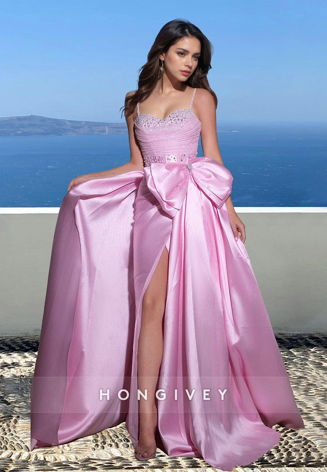 Chic Sweetheart Straps Bow A-Line Satin with Side Slit Prom Gown Party Ball Gown