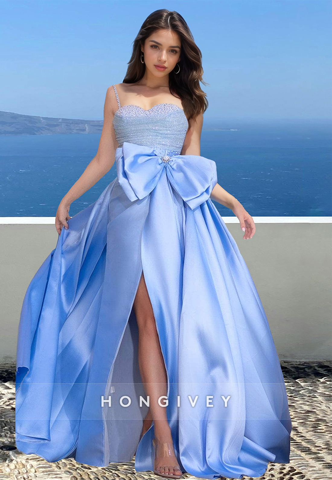 Chic Sweetheart Straps Bow A-Line Satin with Side Slit Prom Gown Party Ball Gown