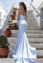 Sexy Halter Mermaid Blue Floor-Length Satin Formal Evening Dress Gown