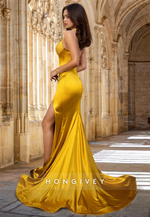 Sexy Gold V-Neck Ruched Satin Trumpet Formal Evening Dress Party Gown