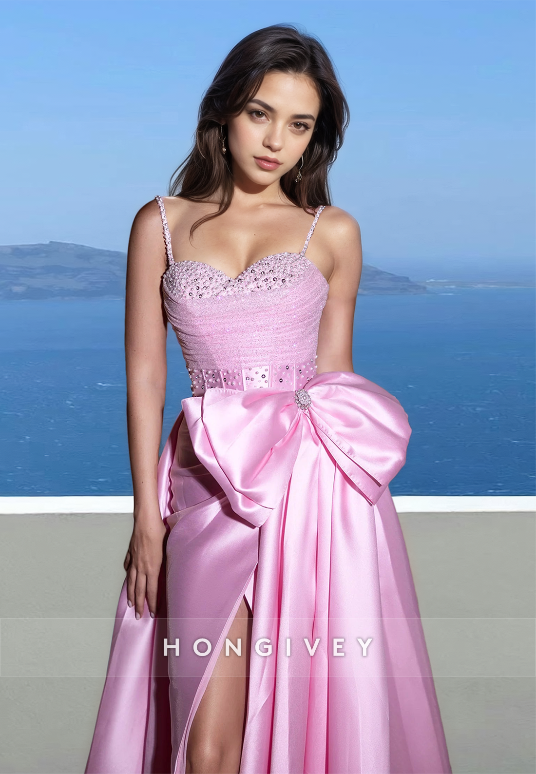 Chic Sweetheart Straps Bow A-Line Satin with Side Slit Prom Gown Party Ball Gown