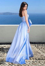 Chic Sweetheart Straps Bow A-Line Satin with Side Slit Prom Gown Party Ball Gown