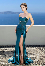 Sexy Empire Waist Fitted Mermaid Ruched Beaded Strapless Formal Evening Dress