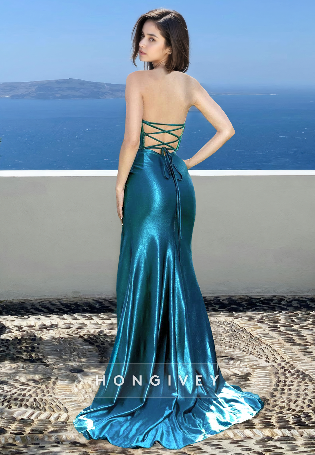 Sexy Empire Waist Fitted Mermaid Ruched Beaded Strapless Formal Evening Dress