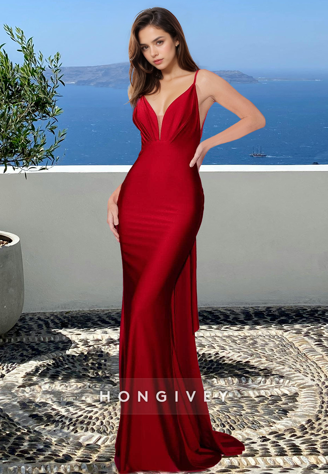 Sexy Red V-Neck Backless Satin Classic Long Formal Evening Dress 2025