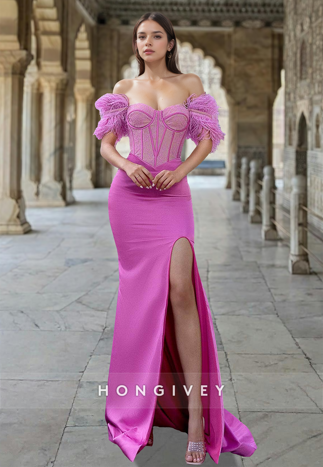 2025 New Feather Off-Shoulder Trumpet Sexy Formal Evening Dress Gown