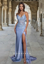 Blue Applique Straps V-Neck Side Slit Satin Formal Evening Dress Party Gown