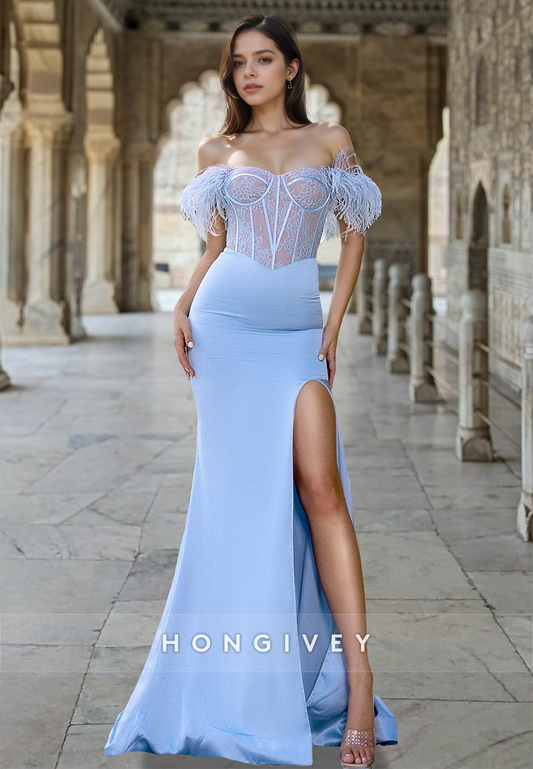 2025 New Feather Off-Shoulder Trumpet Sexy Formal Evening Dress Gown