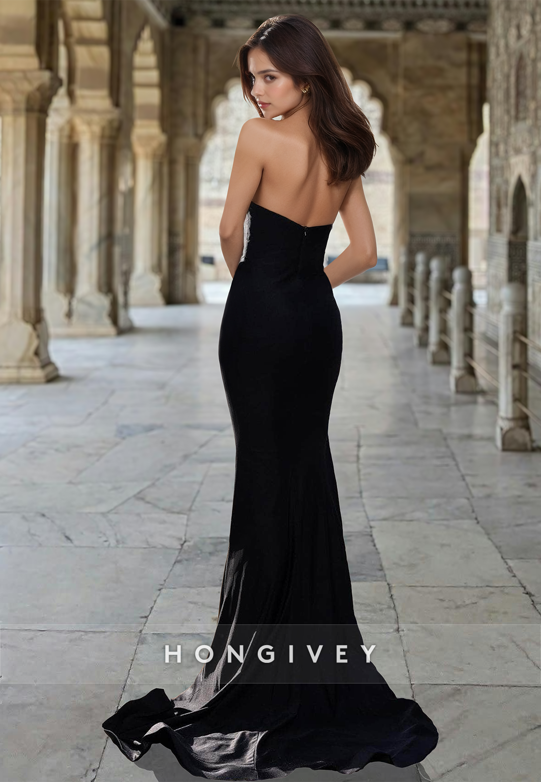 Sexy Black Strapless Mermaid Applique V-Neck Side Slit Formal Evening Dress Gown