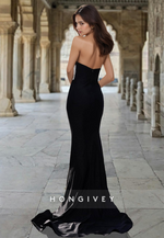 Sexy Black Strapless Mermaid Applique V-Neck Side Slit Formal Evening Dress Gown