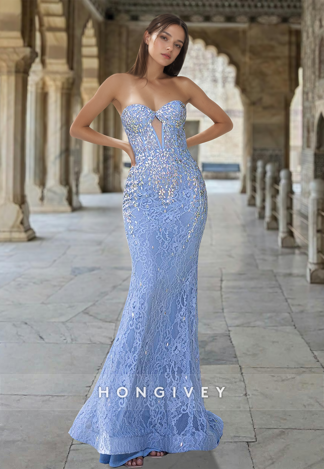 New Lace Applique Strapless Floor-Length Mermaid Formal Evening Dress