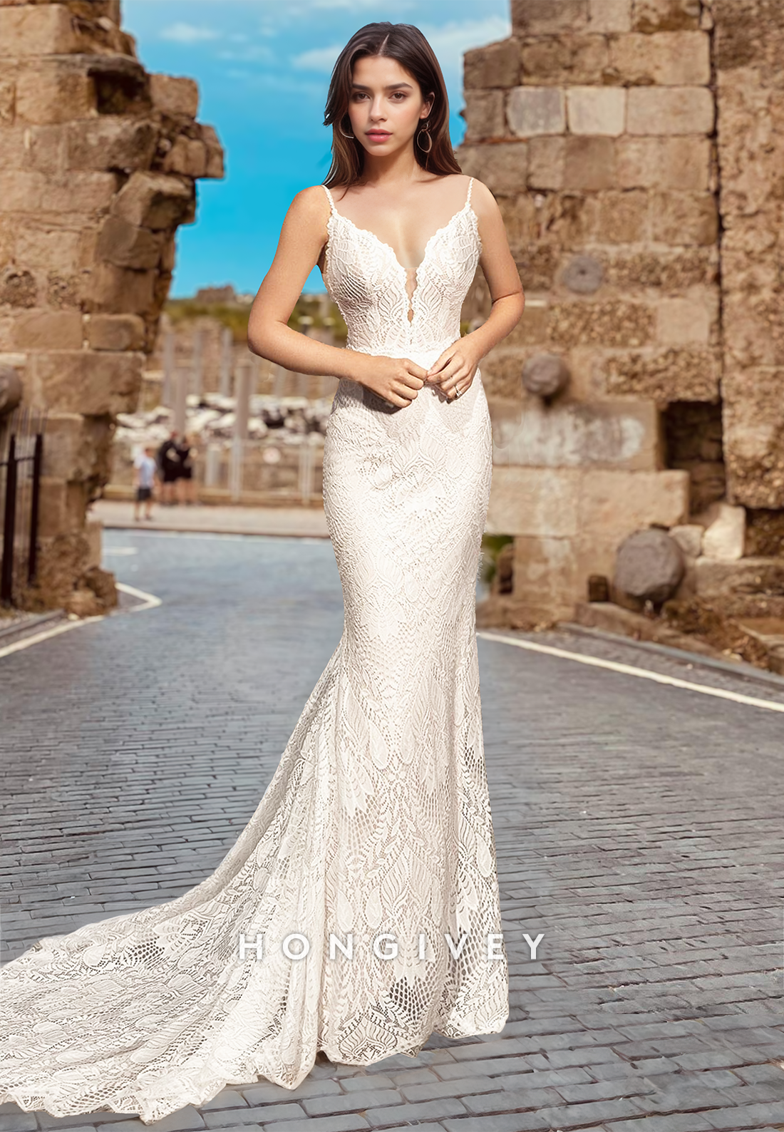 Sexy Lace Applique V-Neck Mermaid Wedding Dress with Train Bride Gown