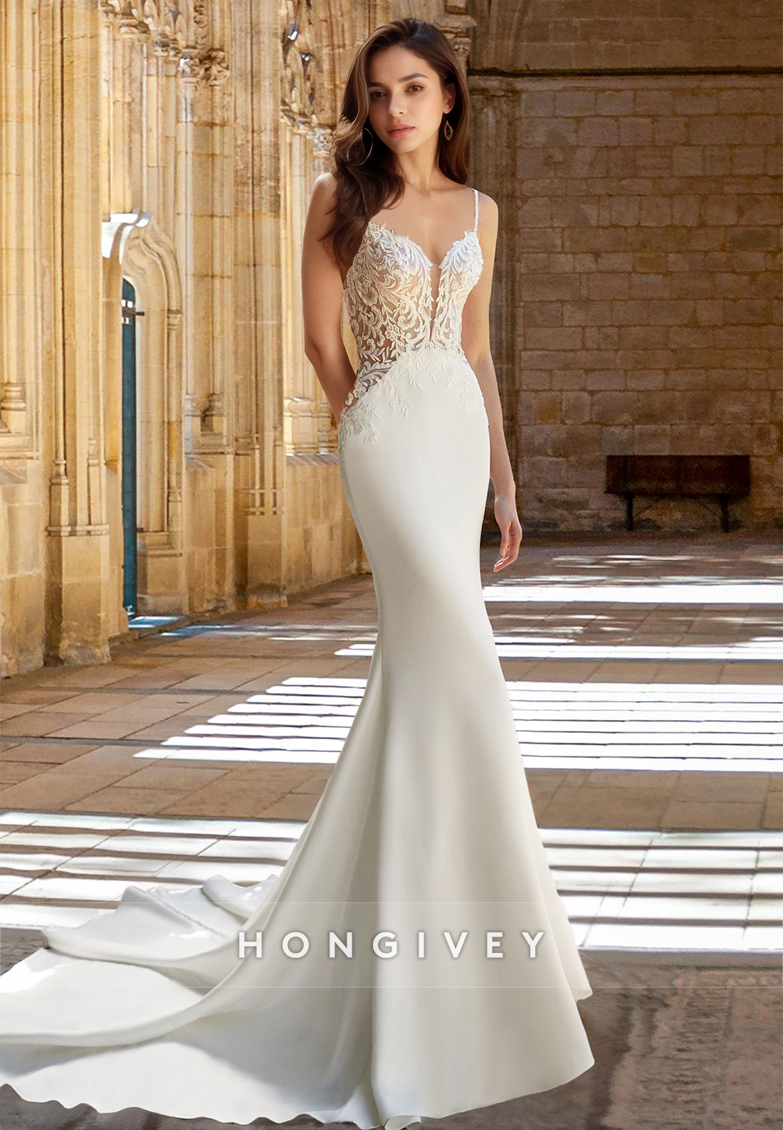 Sexy Backless Applique Satin Trumpet Empire Waist Wedding Dress Gown