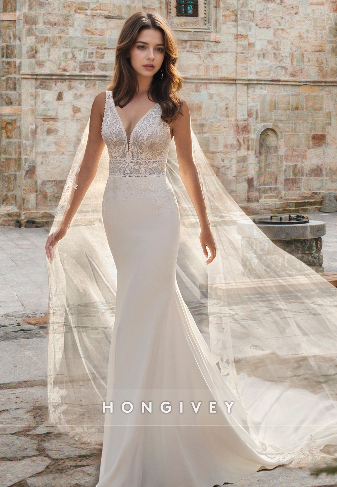 Chic V-Neck Applique Sleeveless Mermaid Satin with Train Wedding Dress