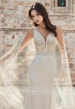 Chic V-Neck Applique Sleeveless Mermaid Satin with Train Wedding Dress