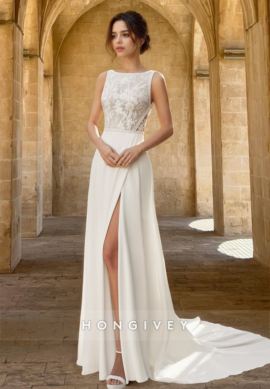 Elegant Bateau A-Line Lace Applique Long Engagement Beach Wedding Dress