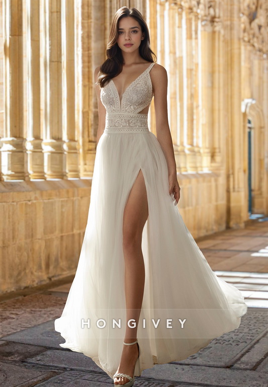 Sexy V-Neck Straps Open Back Applique with Side Slit Tulle Wedding Dress Gown