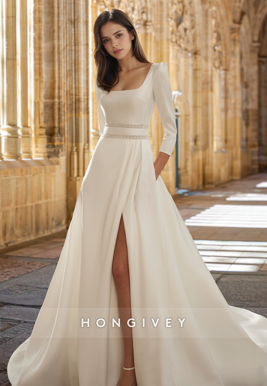 Square Long Sleeves Satin A-Line Side Slit Bride Wedding Dress Gown HONGIVEY