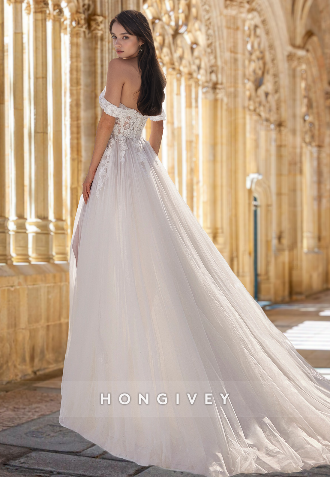 Applique Off-Shoulder Tulle with Train Bride Wedding Dress Gown HONGIVEY