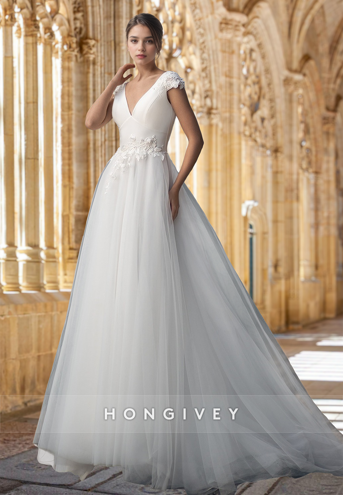 Empire V-Neck Short Sleeves A-Line Tulle Wedding Dress Gown HONGIVEY