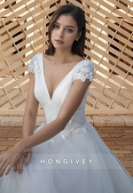 Empire V-Neck Short Sleeves A-Line Tulle Wedding Dress Gown HONGIVEY