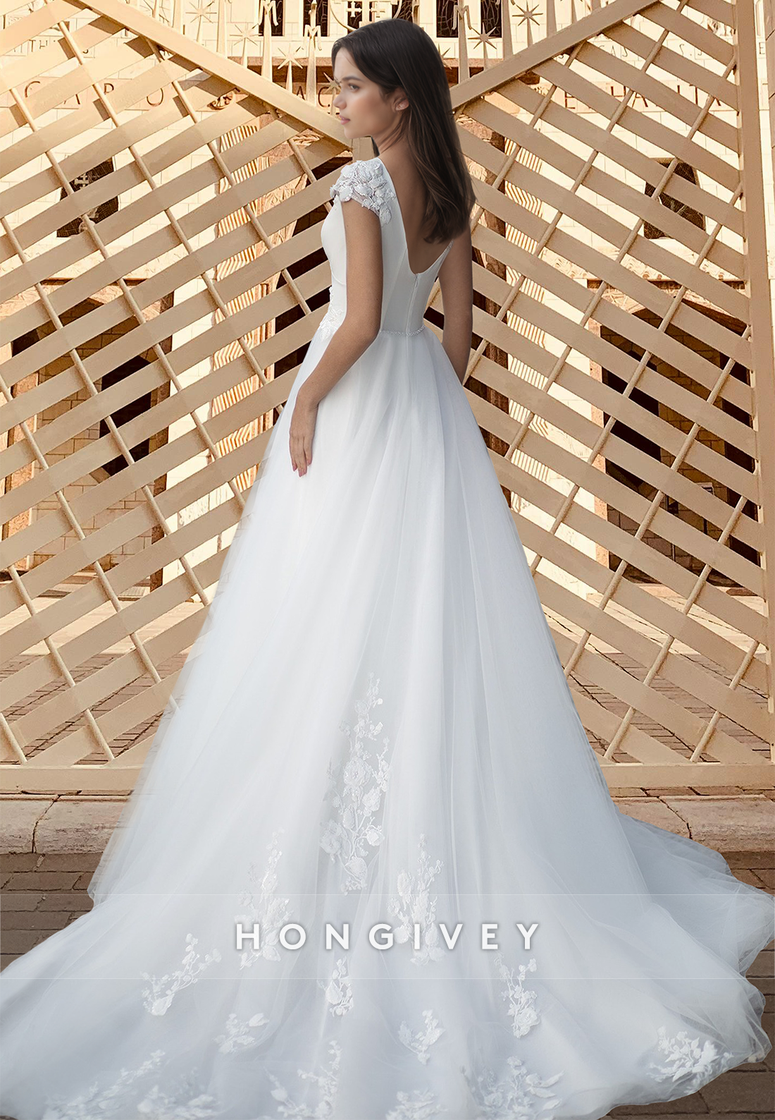 Empire V-Neck Short Sleeves A-Line Tulle Wedding Dress Gown HONGIVEY