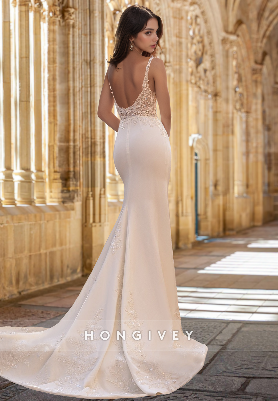 Sexy Open Back Straps Mermaid Applique Satin Bride Wedding Dress Gown HONGIVEY