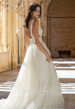 Sexy V-Neck Straps Open Back Applique with Side Slit Tulle Wedding Dress Gown