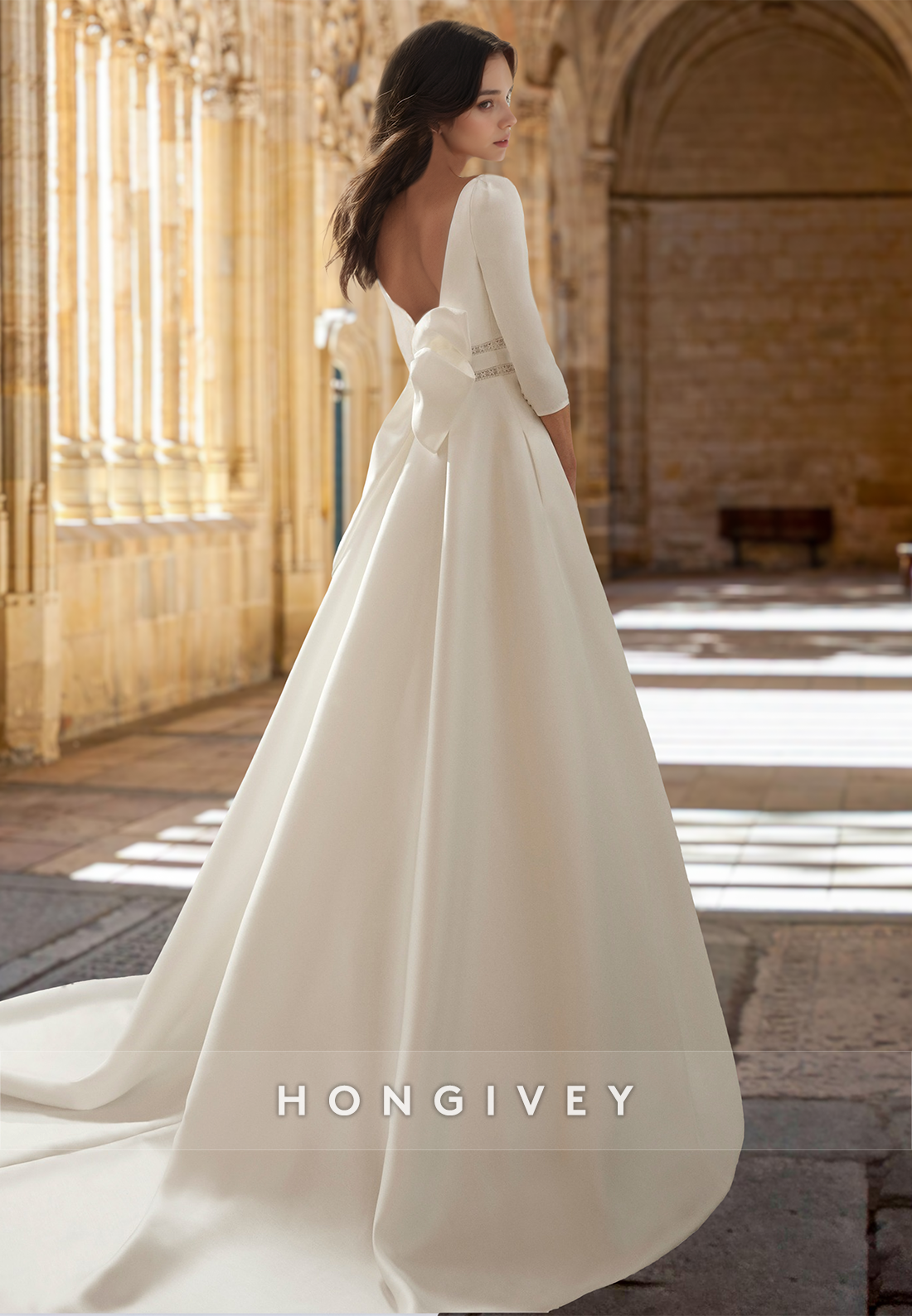 Square Long Sleeves Satin A-Line Side Slit Bride Wedding Dress Gown HONGIVEY