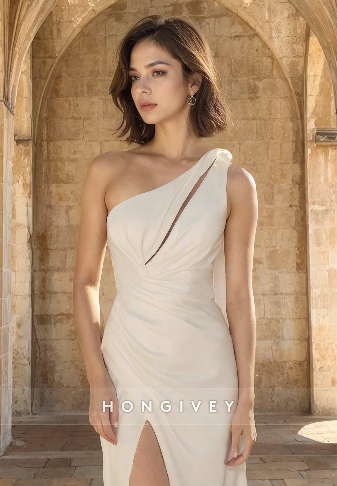 Sexy Asymmetrical One Shoulder Side Slit Satin Engagement Wedding Dress