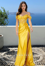 Gold Floral Off-Shoulder with Slit Trumpet Formal Evening Dress Party Gown